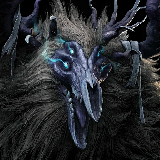 Flesheater with a long skull mask, branching antlers and glowing blue eyes