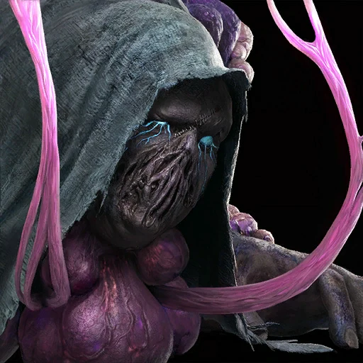Fungus Matron with a hooded fungal face and long pink tendrils