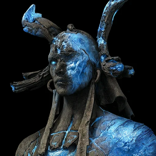 Twinblade Warrior Statue with a stone face, horned helmet and blue cracks