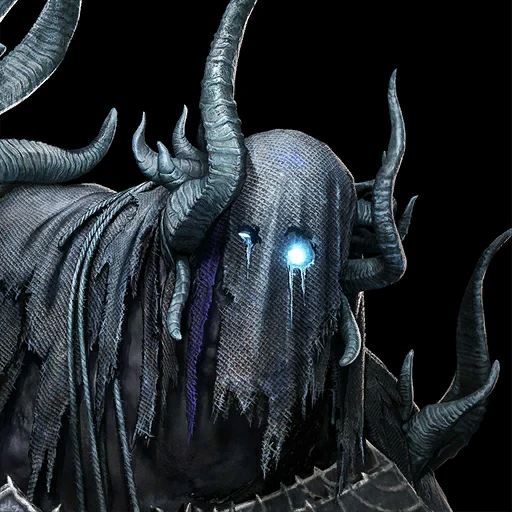 Tyrannical Executioner wearing a horned hood with glowing blue eyes